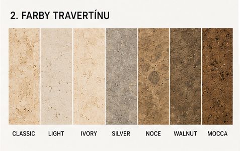 Farby travertínu Classic Light Ivory Silver Noche Walnut a Mocca